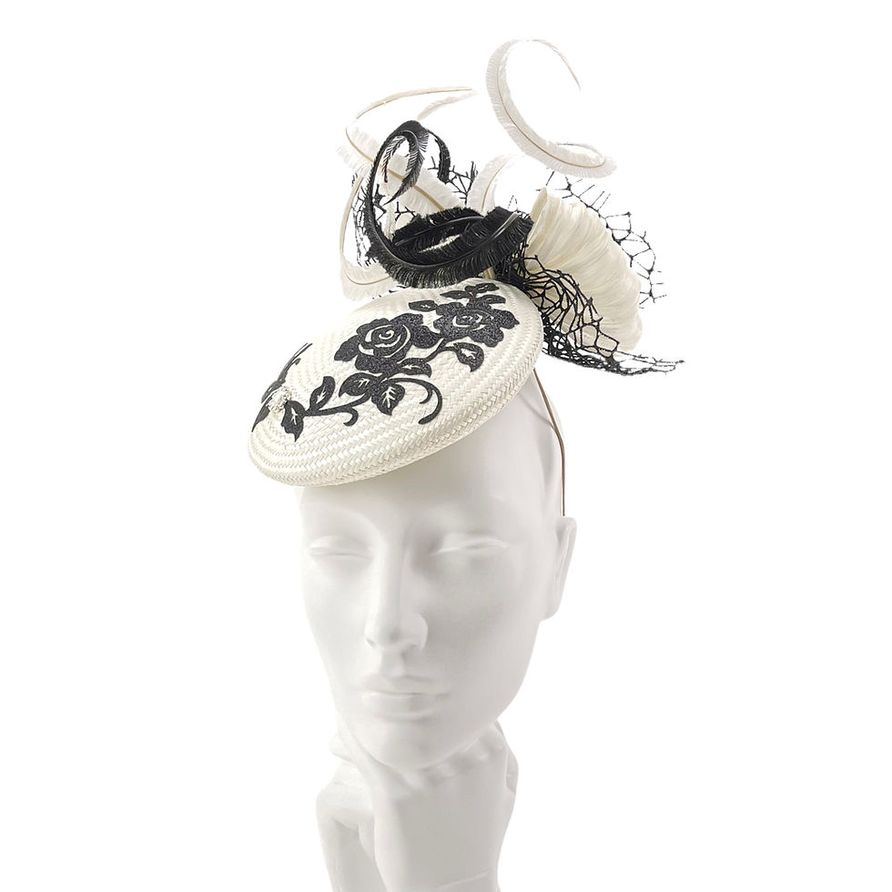 Thumbnail: Ivory White and Shimmering Black Wedding Fascinator Hat with Bow and Feathers by Marvellous Millinery Winchester