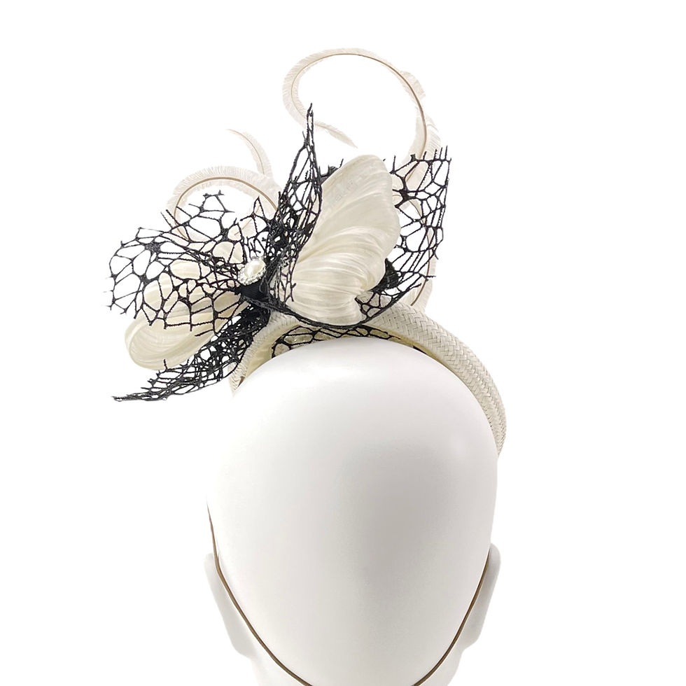 Thumbnail: Ivory White and Shimmering Black Wedding Fascinator Hat with Bow and Feathers by Marvellous Millinery Winchester