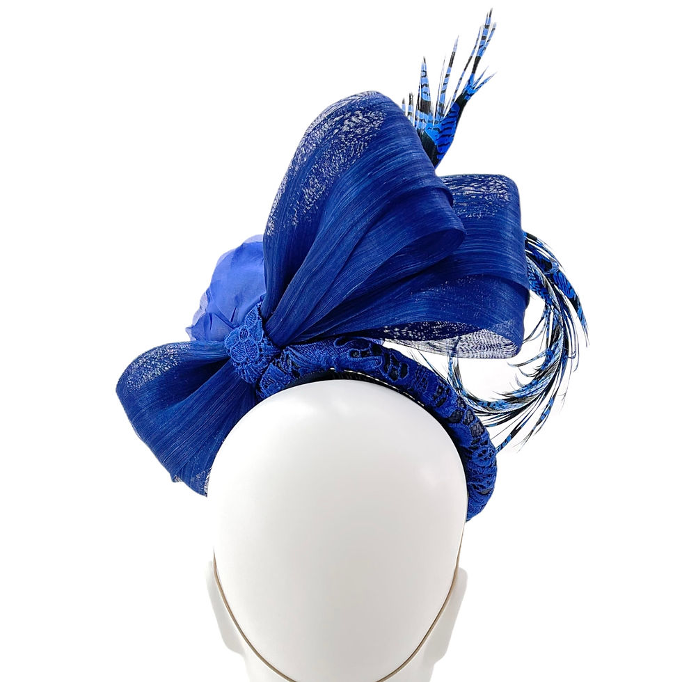 Thumbnail: Royal Blue and Navy Wedding Fascinator Hat with Silk Rose and Feathers by Marvellous Millinery Winchester