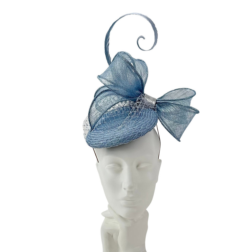 Thumbnail: Sky Blue and Silver Wedding Fascinator Hat with Bow & Veiling by Marvellous Millinery Winchester