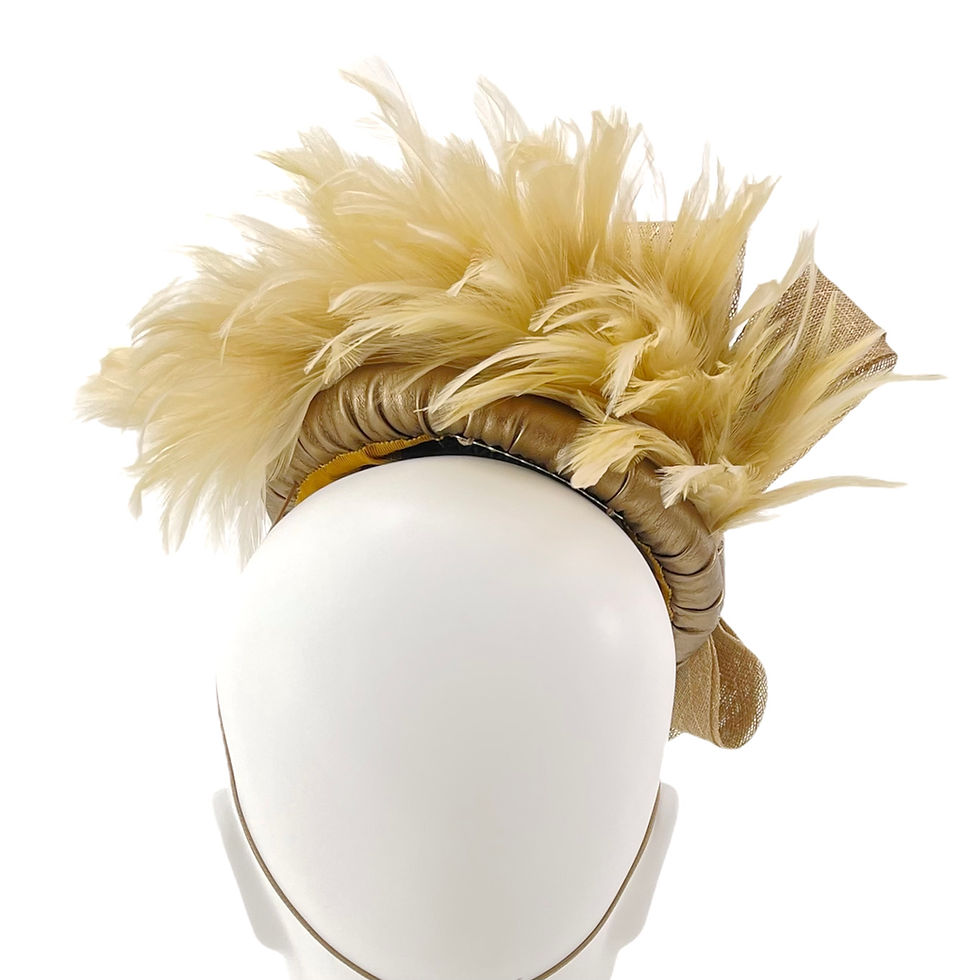 Thumbnail: Bronze Gold Wedding Fascinator Hat for Mother of the Bride with Bow and Feathers - Marvellous Millinery Winchester Hampshire