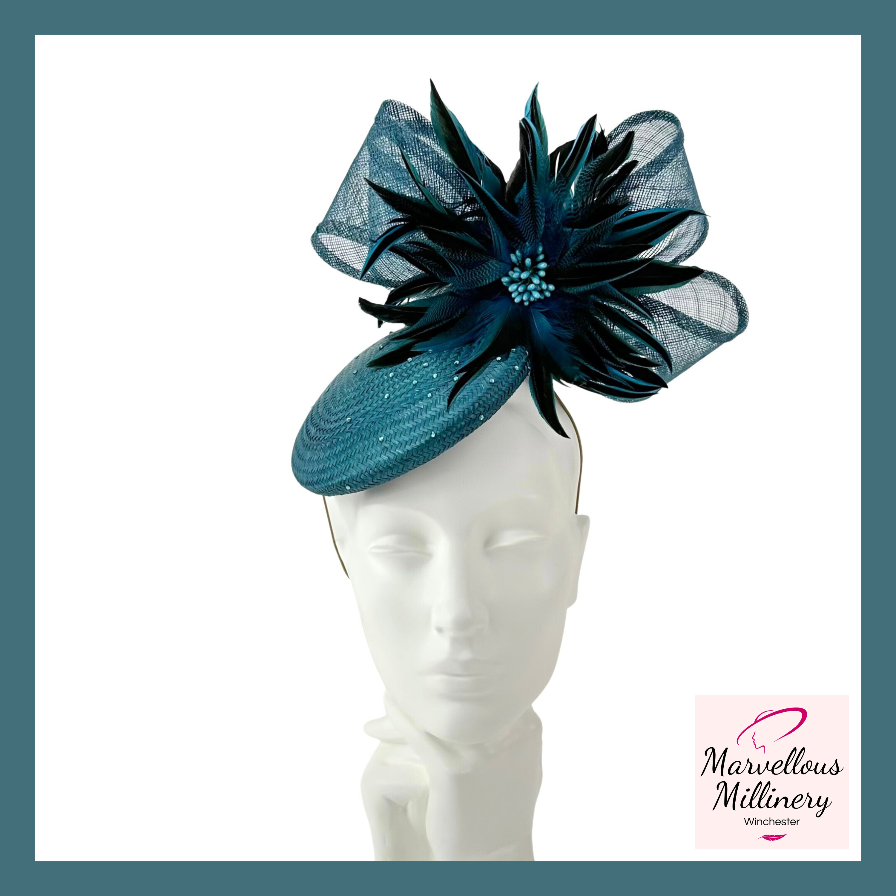Teal, Turquoise and Petrol Wedding Fascinator Hat by Marvellous Millinery Winchester