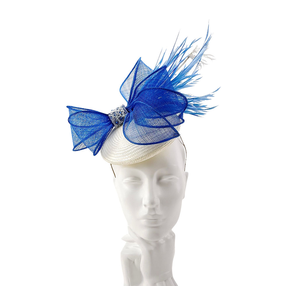 Thumbnail: Royal Blue and Ivory White Wedding Fascinator Hat by Marvellous Millinery Winchester