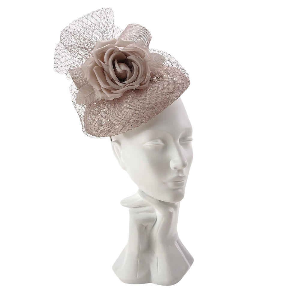 Thumbnail: Oyster Grey  Wedding Fascinator Hat with Silk Rose and Veiling by Marvellous Millinery Winchester