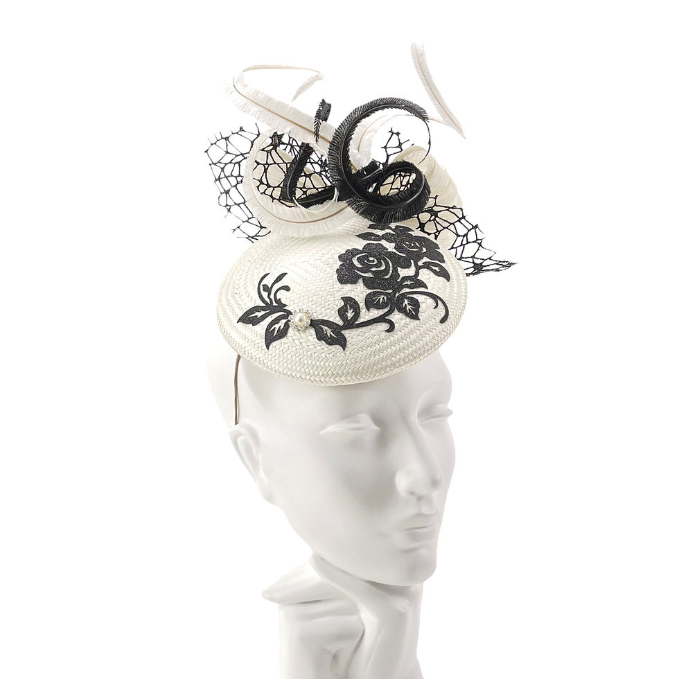 Thumbnail: Ivory White and Shimmering Black Wedding Fascinator Hat with Bow and Feathers by Marvellous Millinery Winchester