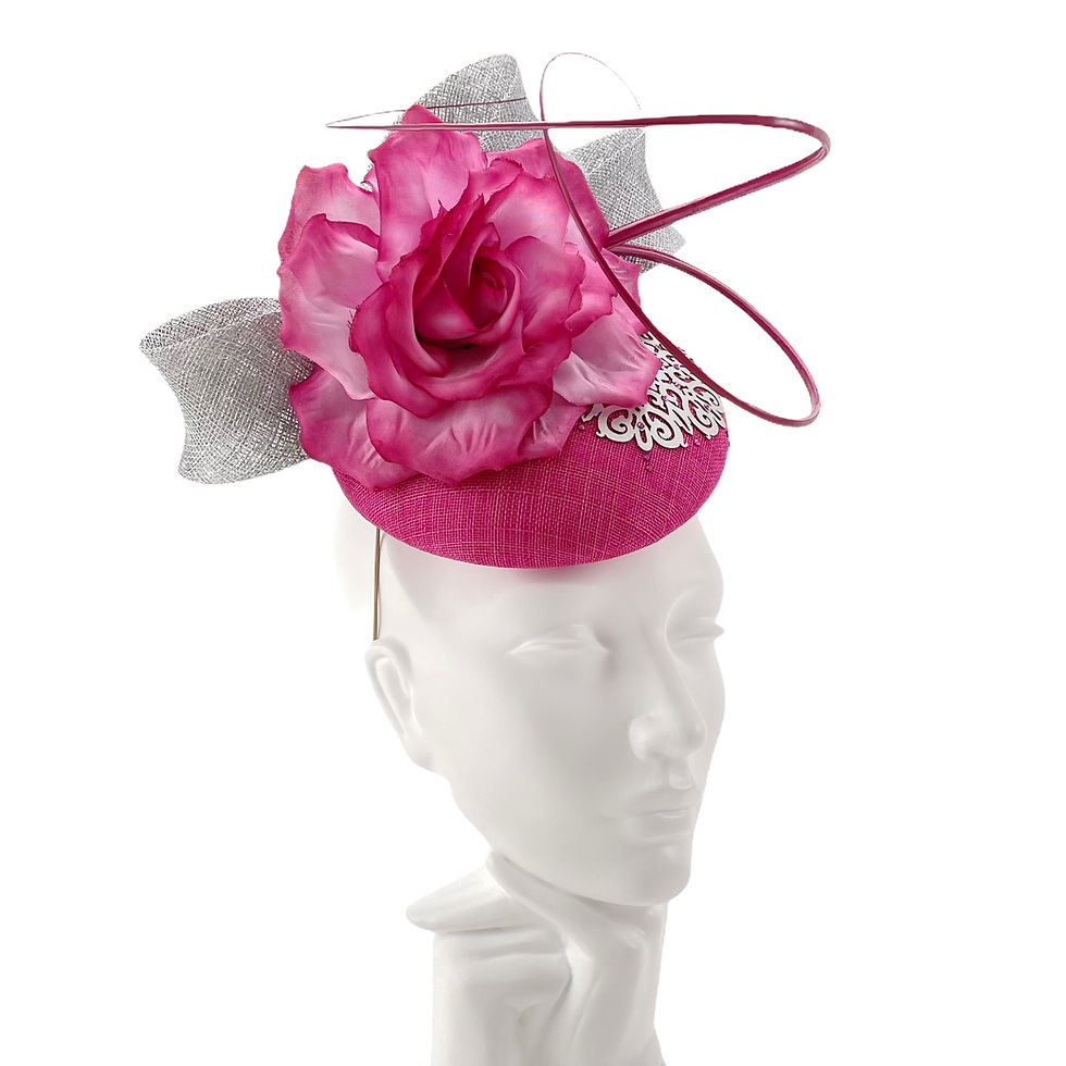 Thumbnail: Fuchsia Pink Fascinator Hat with a silk rose, silver bow, crystals for Mother of the Bride, Weddings, Ladies Day