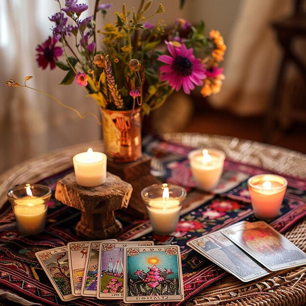 Close-up view of a tarot card spread on a wooden table