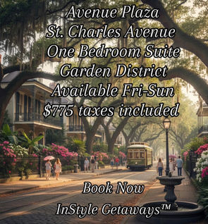 "Avenue Plaza One-Bedroom Suite, Garden District, New Orleans. $825 weekday rate. Kitchenette, swimming pool, hot tub, fitness center, game room, direct trolley access. Book Now at InStyle Getaways."