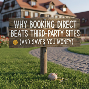 "Wooden sign in front of vacation home that reads 'Why Booking Direct Beats Third-Party Sites (And Saves You Money)' with piggy bank symbolizing savings"
