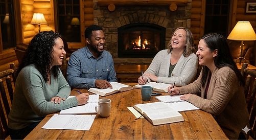 A small group of four participants at a Minnesota Walk to Emmaus retreat sitting around a table, engaged in deep discussion and study with open Bibles and notebooks.