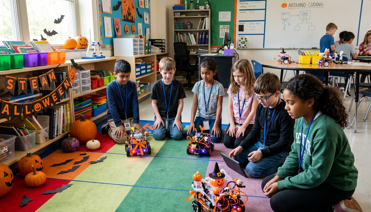 Wide-angle view of students testing small Halloween-themed robots on a classroom floor