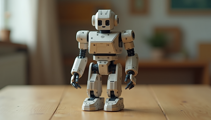 Eye-level view of a colorful CREATOR-BOT Mega kit robot on a wooden table