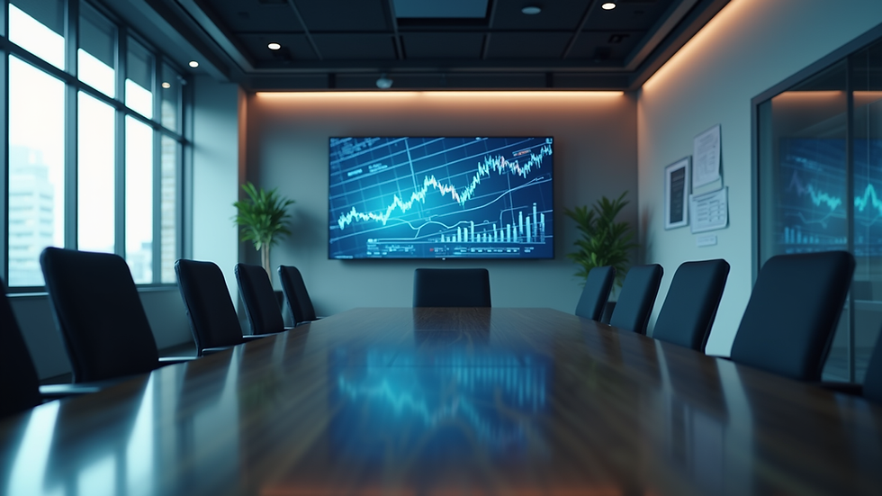 Eye-level view of a modern office conference room with financial charts on a screen