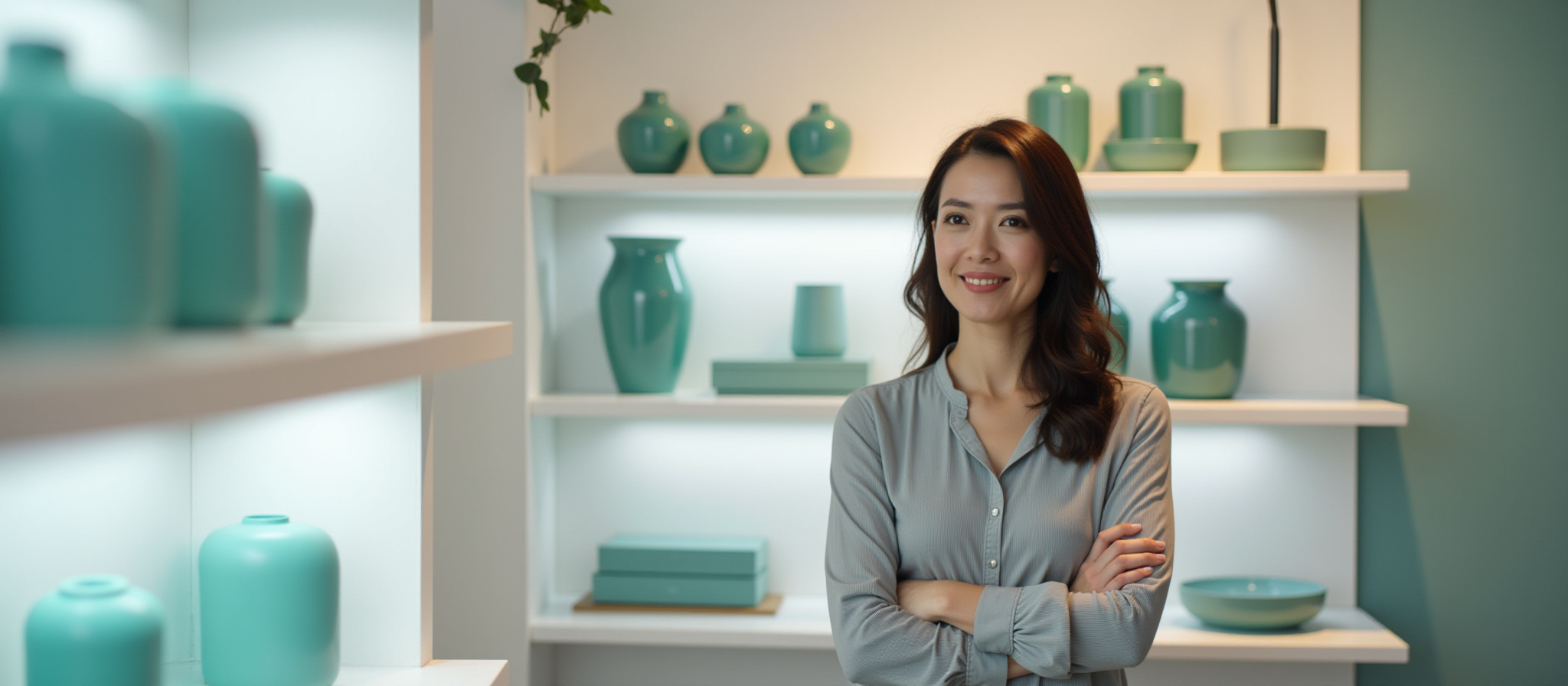 Smiling woman with teal pottery on shelves