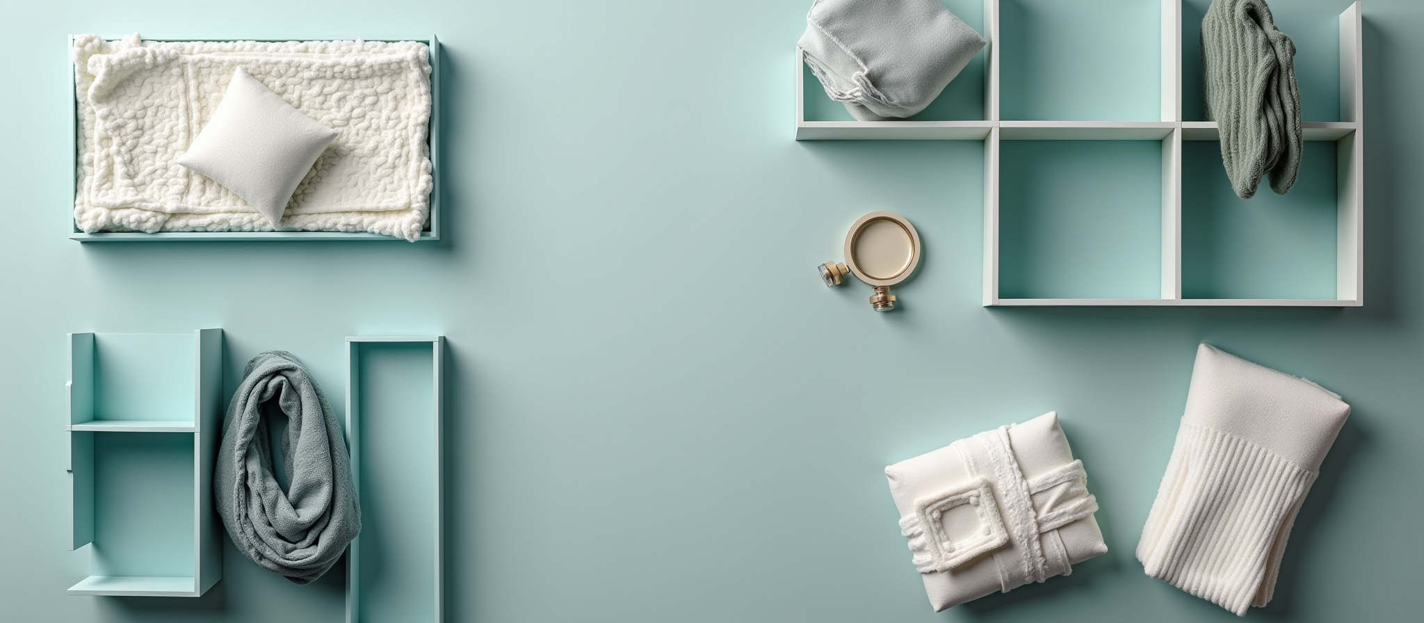 Neatly arranged white and gray textiles on blue shelves