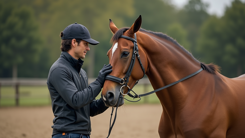Close-up view of a horse and trainer working together in a training session