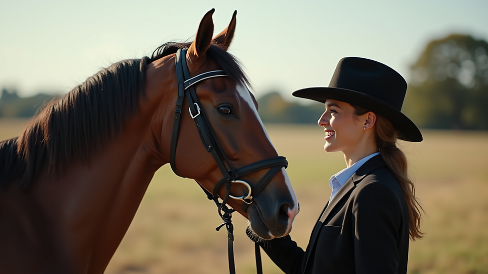 Close-up view of a horse and trainer sharing a moment of connection