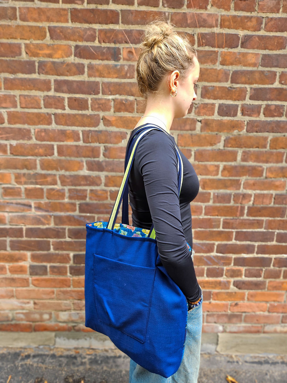 Thumbnail: 1990s floral w/ Navy & Navy tartan - patch pocket reversible tote by Urban Orchard
