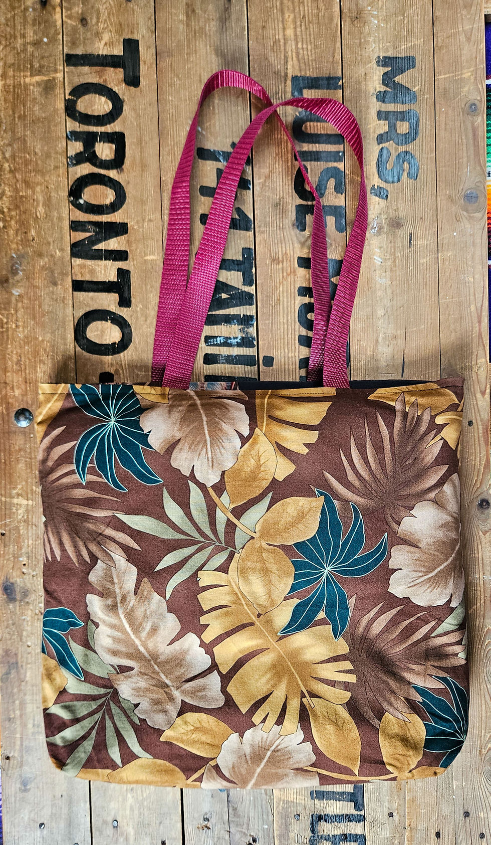 Thumbnail: Tobacco leaf print & Vintage Wavery BAG BAG - Reversible tote