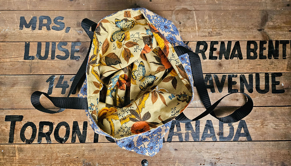 Thumbnail: Earth tones - 1950s floral & butterfly motif with 1980s blue daisy | BAG BAG