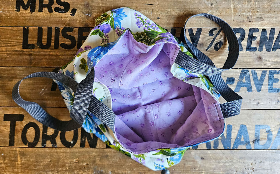 Thumbnail: Mid-century modern MCM floral & 1980s Mauve eyelet | Vintage reversible tote