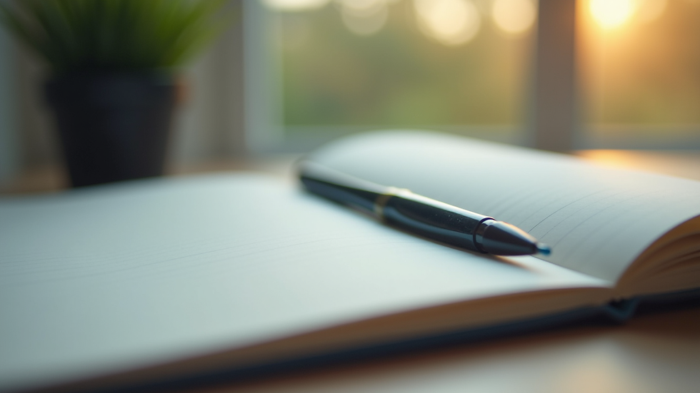 Vue en plongée d’un carnet ouvert avec un stylo posé dessus, symbolisant la prise de notes et la concentration