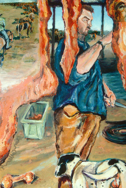 CALLEN Fran-Boner-acrylic, dirt, gauze, photo collage on canvas-140x110-1998