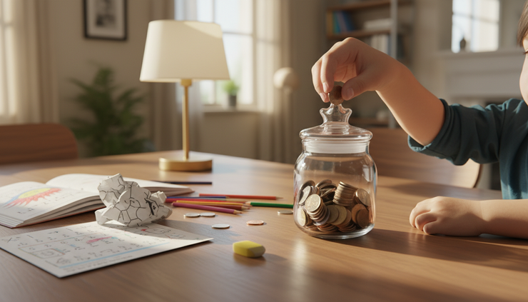 Close-up view of a parent and child sorting coins at a dining table