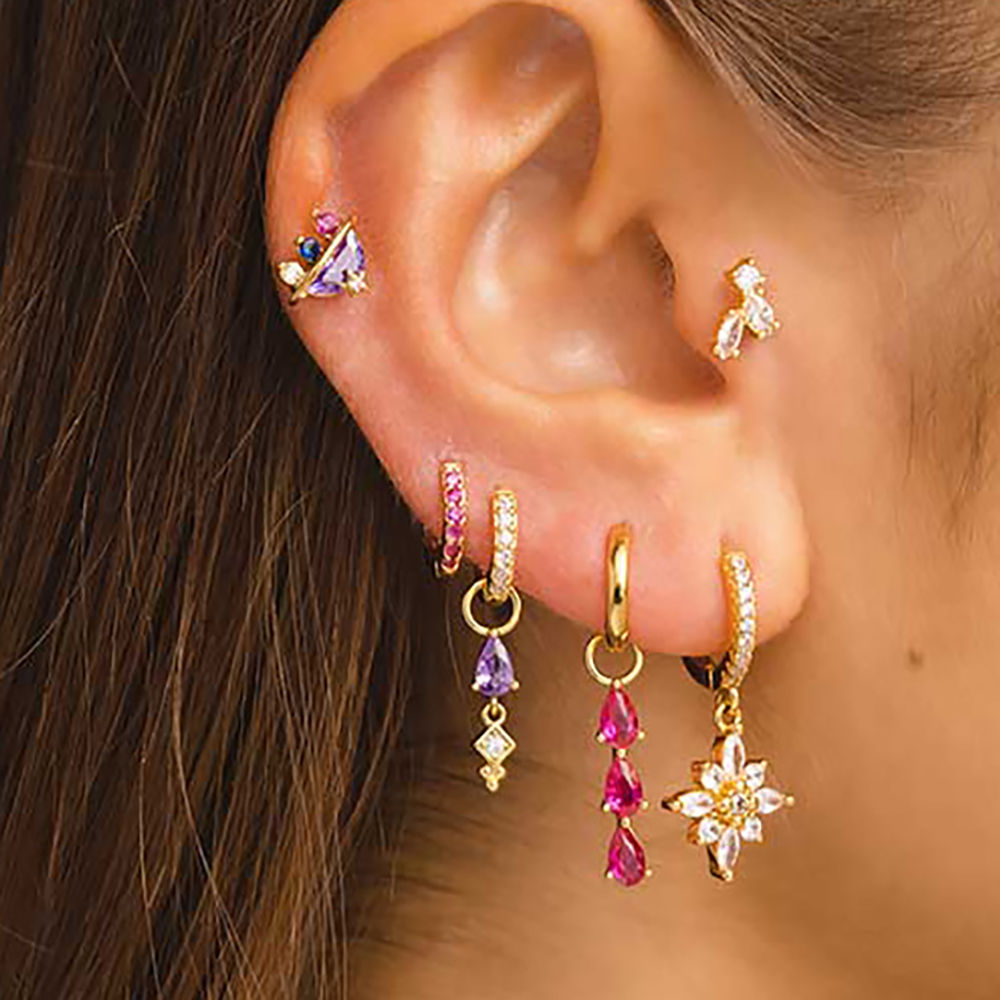 Luxury Geometric Multicolor Zircon Crystal Water Drop Earring Stainless Steel Fl