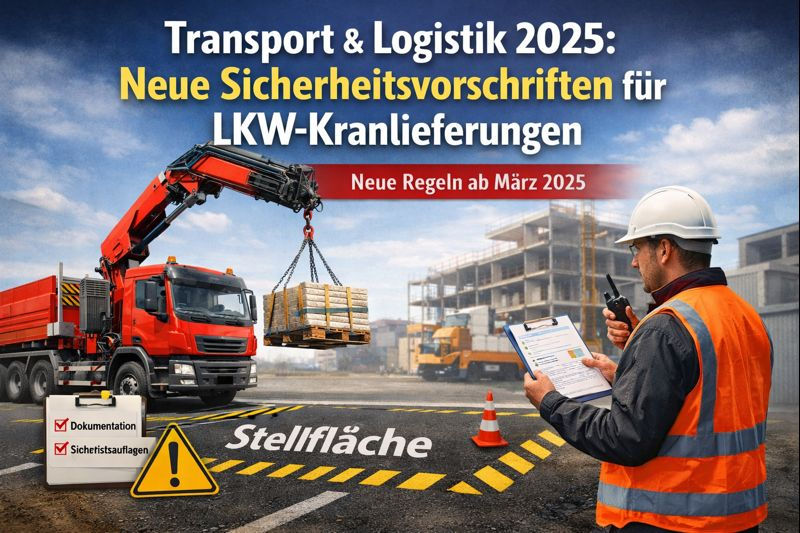Das Bild zeigt eine LKW-Kranlieferung auf einer Baustelle im Freien. Im Vordergrund steht ein Arbeiter mit weißem Helm und orangefarbener Warnweste, der eine Checkliste auf einem Klemmbrett kontrolliert und dabei ein Funkgerät hält.