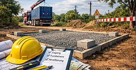 Vorbereitetes GrundstĂŒck mit Kiesbett und Betonpunkten fĂŒr die Lieferung eines Seecontainers; im Vordergrund liegen BauplĂ€ne, ein gelber Schutzhelm und eine Checkliste, wĂ€hrend ein Lkw mit Kran einen blauen Container anliefert.