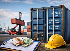 Gebrauchter blauer Seecontainer auf einem deutschen Hafenplatz, mit gestapelten Containern, Kranschiff und Reach-Stacker im Hintergrund. Daneben liegen Baupläne, Euro-Geldscheine und ein gelber Schutzhelm – Symbol für Containerkauf, Kosten und Logistik in Deutschland.