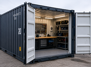 Seecontainer als Werkstatt eingerichtet – Innenausbau mit Werkbank und Beleuchtung