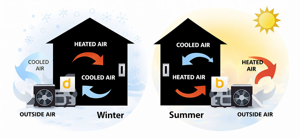 Heat pump heating diagram showing how heating systems move heat in winter and summer for energy efficiency