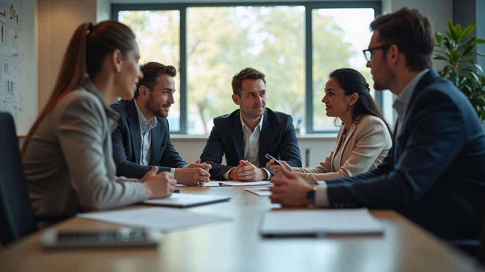 Eye-level view of a diverse group of professionals engaged in a brainstorming session