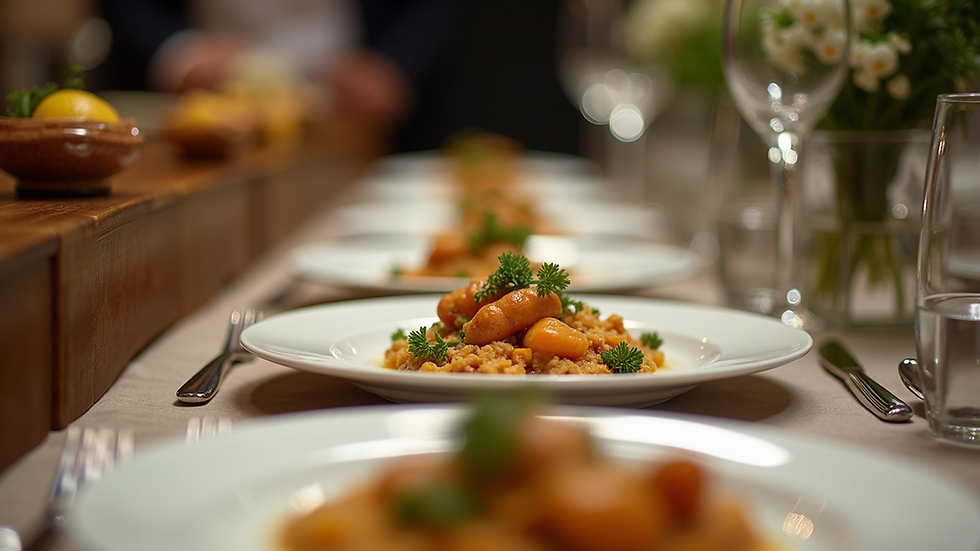 Eye-level view of a beautifully arranged corporate catering setup with elegant dishes