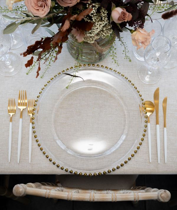 Thumbnail: Gold Beaded Glass Charger Plate | Chipping Norton Event Hire