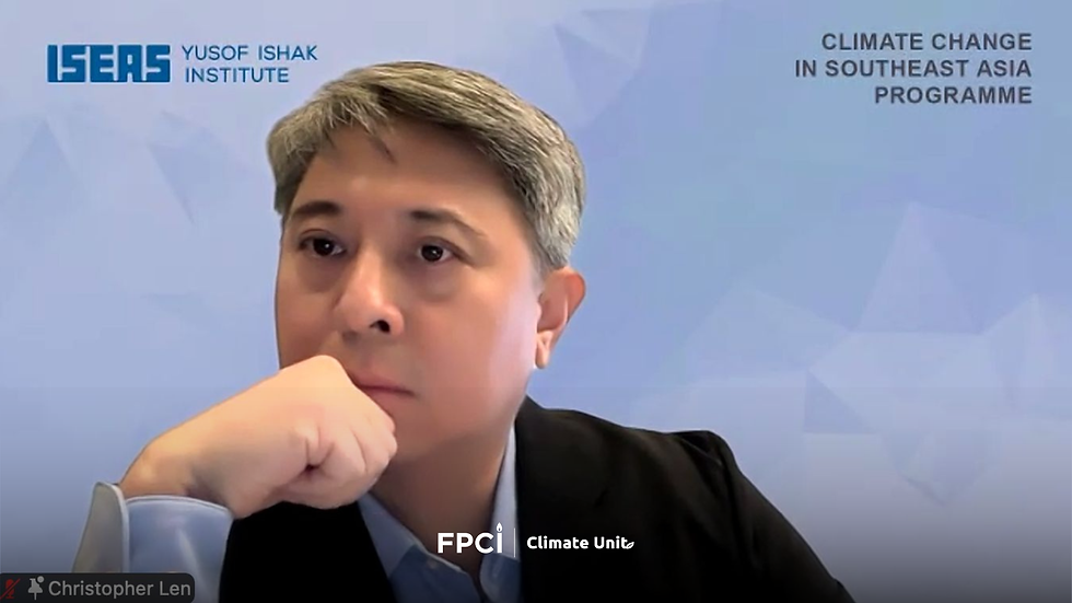 Christopher Len, Senior Fellow and Acting Coordinator of the Climate Change in Southeast Asia Programme at ISEAS - Yusof Ishak Institute and Policy Director at the Future Energy Storage & System Integration Alliance (FESSIA), spoke at the webinar on "Rethinking Energy Security in a Fossil-dependent Southeast Asia" organized by FPCI and ISEAS - Yusof Ishak Institute on Thursday (16/7/2026).