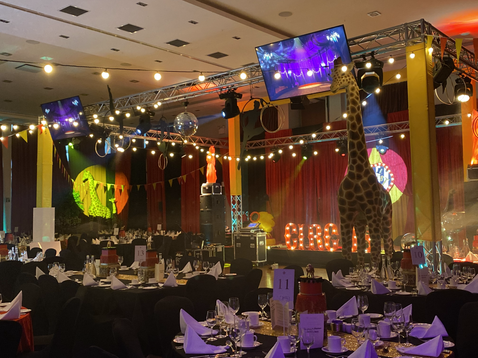 Circus, Greatest show event, Red themed event, red drapes, circus props, animal props, theatre event