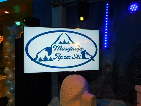 Mountain event, winter event, blue drape, penguin props, animal props, ice props, Christmas tree hire, Christmas event