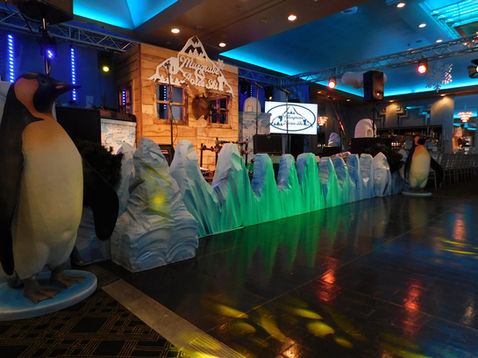 Mountain event, winter event, blue drape, penguin props, animal props, ice props, Christmas tree hire, Christmas event