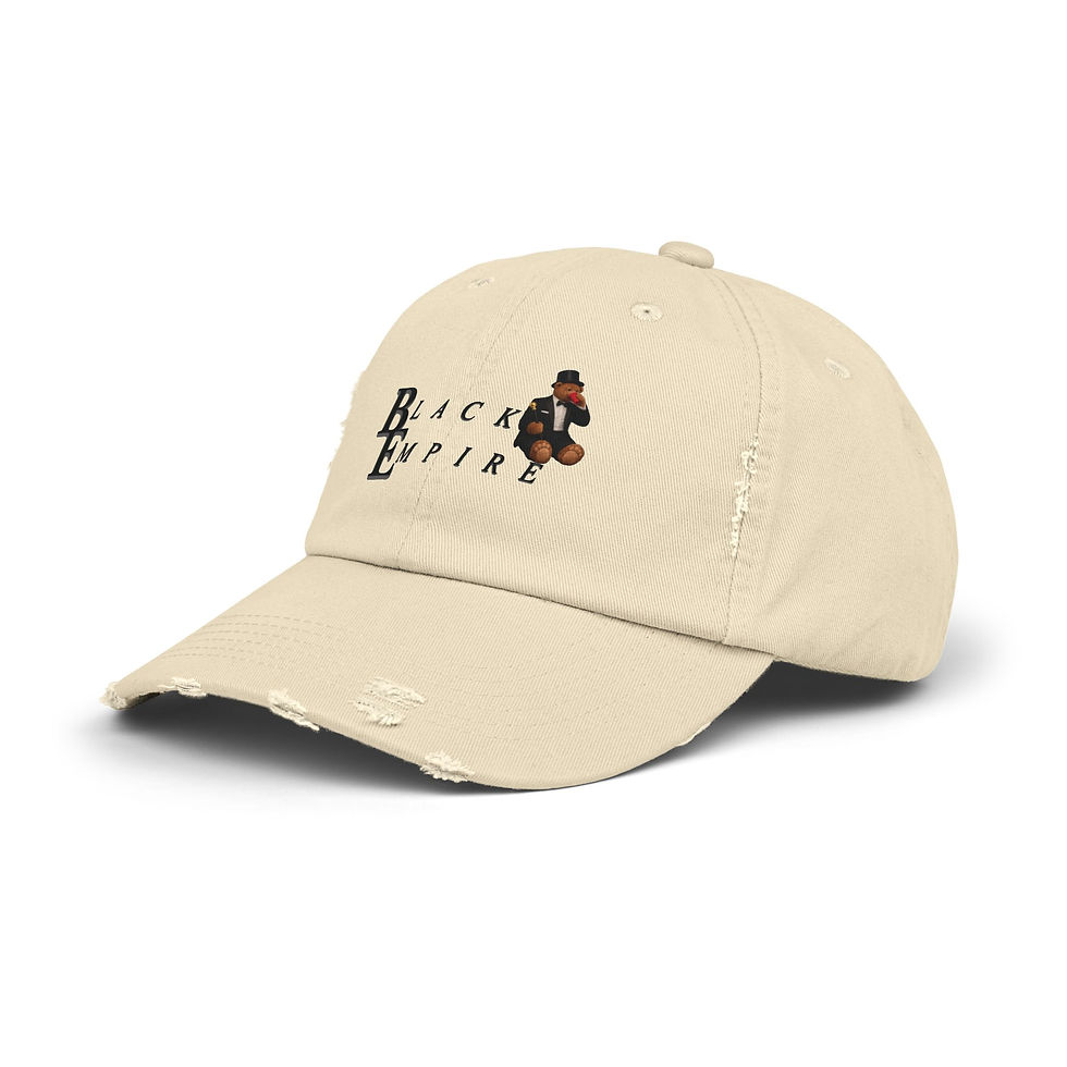 Thumbnail: Beige distressed cap with Black Empire embroidery