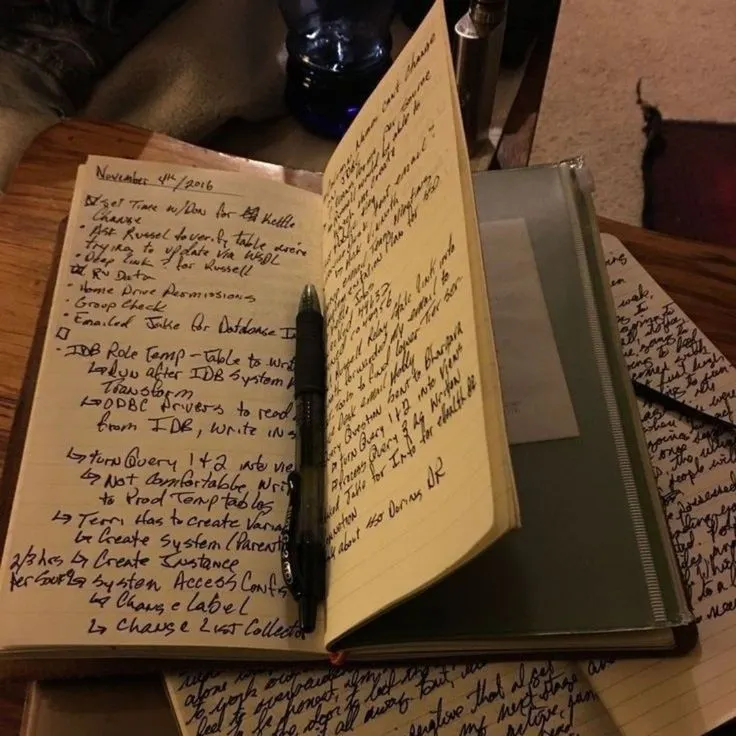 Open notebook with black pen on lined paper, filled with handwritten notes in a dimly lit cozy setting. Background shows a carpet and bottle.