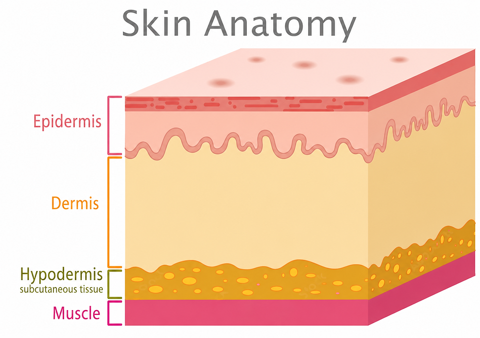 Skin anatomy diagram showing the epidermis, dermis, hypodermis, and muscle layers affected during a sunburn