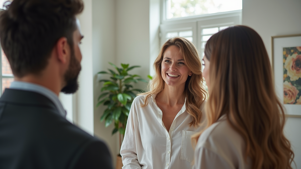 Eye-level view of a realtor showing a house to a couple
