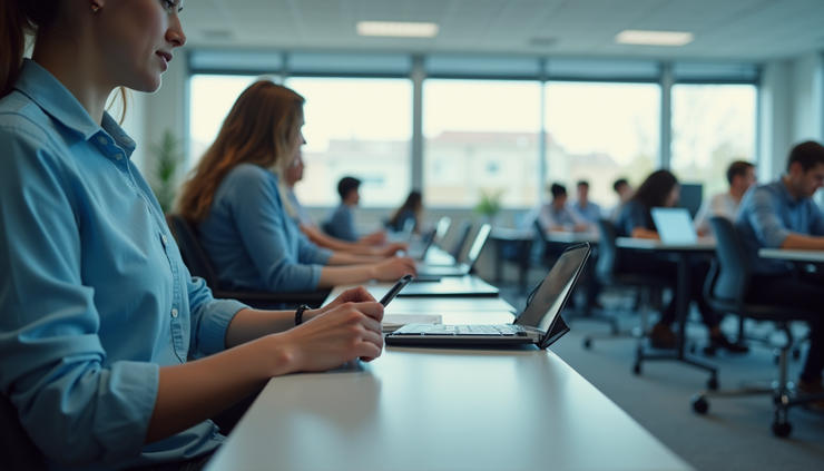 Eye-level view of a modern classroom with edge cloud technology devices
