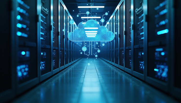 High angle view of interconnected campus cloud servers with data flow visualization