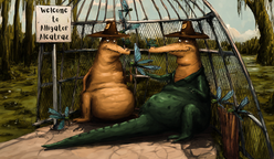 Hyper-detailed cartoon-style art showing several alligators sitting near the fence with a tiny open Bible between them. One is looking thoughtfully at the camp beyond the razor wire. The scene is funny and tender, with exaggerated emotion in the alligators’ faces, but it still carries a message about silent witnesses and God’s creatures watching human choices.