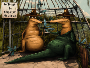Hyper-detailed cartoon-style art showing several alligators sitting near the fence with a tiny open Bible between them. One is looking thoughtfully at the camp beyond the razor wire. The scene is funny and tender, with exaggerated emotion in the alligators’ faces, but it still carries a message about silent witnesses and God’s creatures watching human choices.