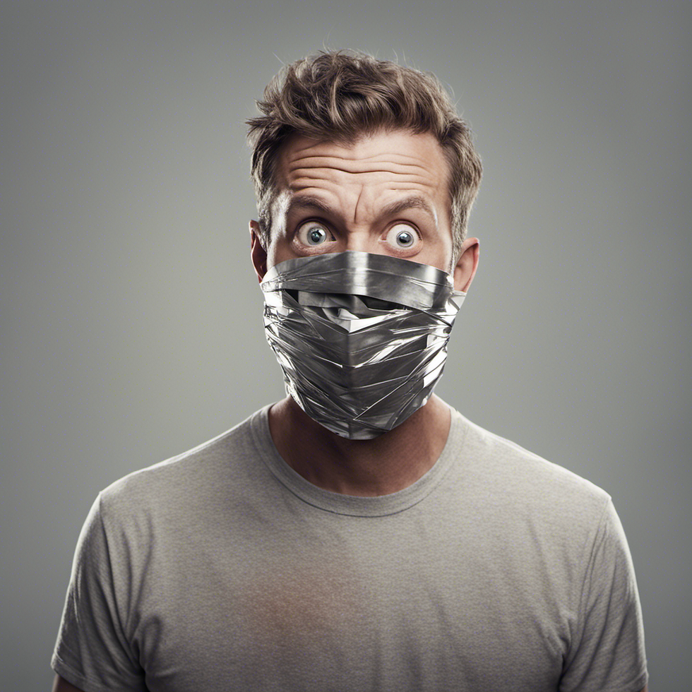 A man with duct tape over his mouth because he is filtering his words.